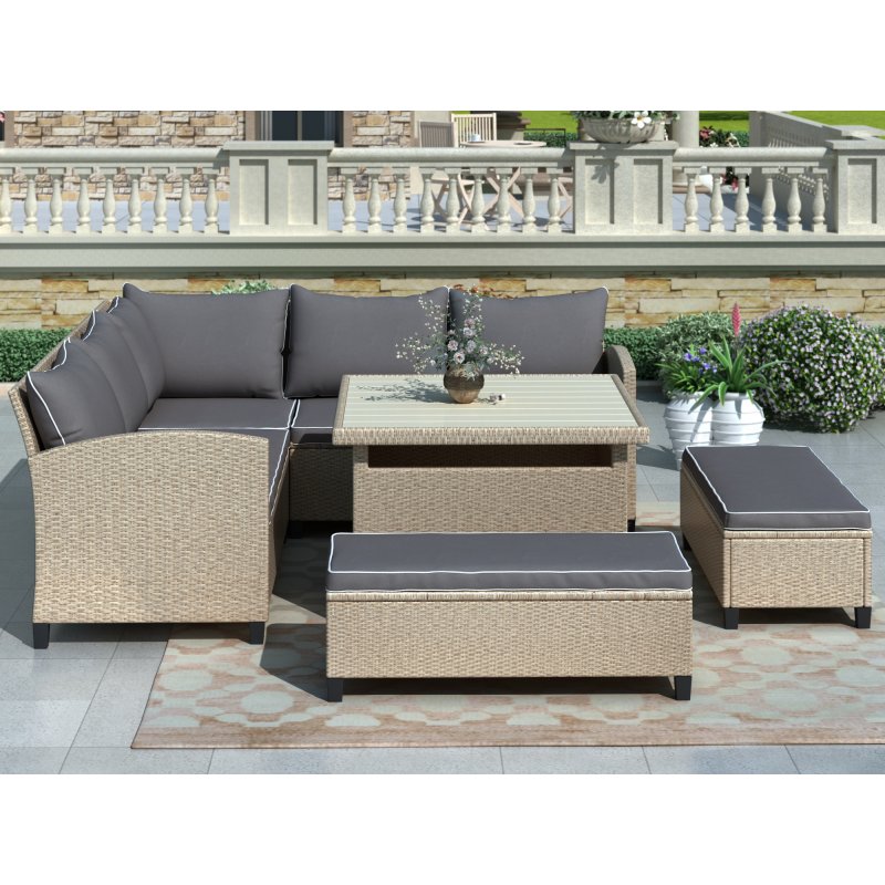 US 6-Piece Patio Furniture Set Outdoor Wicker Rattan Sectional Sofa With Table And Benches For Backyard, Garden, Poolside