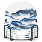 [US Direct] 6pcs Round Ceramic Coaster With Holder Super Absorbent Non Slip Coasters Set (Watercolor) blue