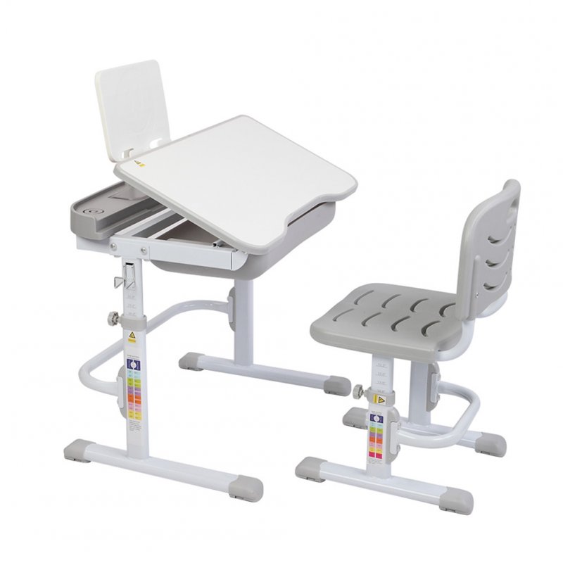 US 70cm Kids Desk Chair Set Height Adjustable Children Study Desk With Tilt Desktop With Reading Frame Without Lamp gray