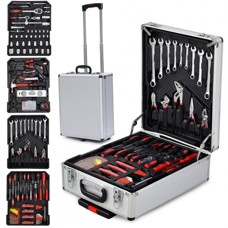 US 799pcs Stable Trolley Case Tool Set Aluminum Alloy Essential Kit Silver