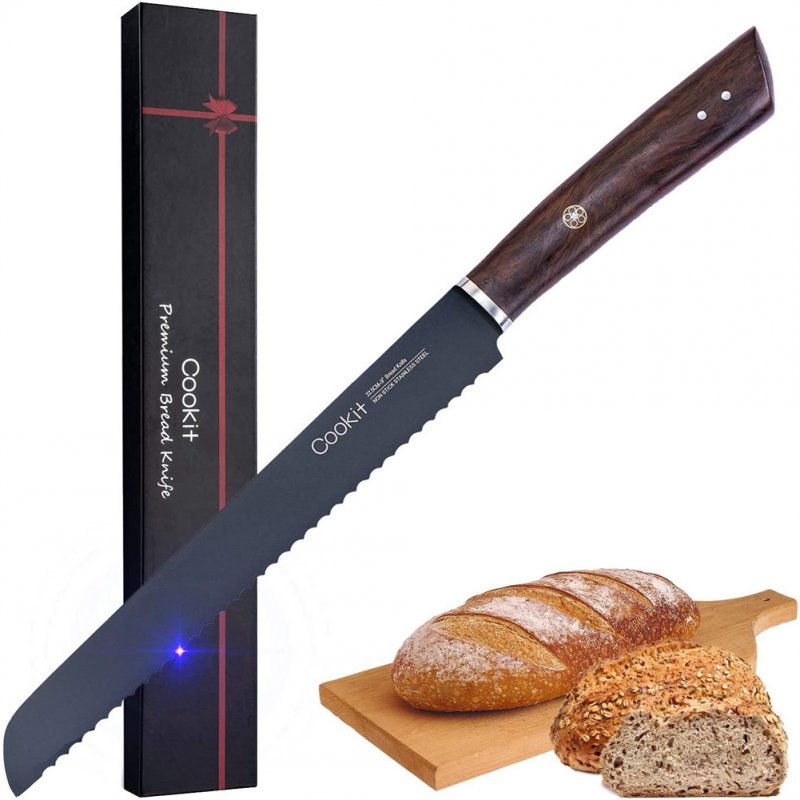 US 9-inch Serrated Bread Cutter With Ergonomic Monzo Wood Handle Multipurpose Stainless Steel Cake Carving Cutter black