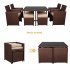  US Direct  9pcs Dining Table Chair Set With Tempered Glass Wicker Rattan Wood Grain Dining Ottoman Furniture Set brown