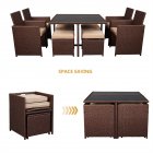 [US Direct] 9pcs Dining Table Chair Set With Tempered Glass Wicker Rattan Wood Grain Dining Ottoman Furniture Set brown