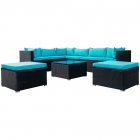 [US Direct] 9pcs/set Courtyard Sofa  Set Outdoor Corner Sofa Armless Sofa Coffee Table Ottomans (Black wicker, blue cushion)