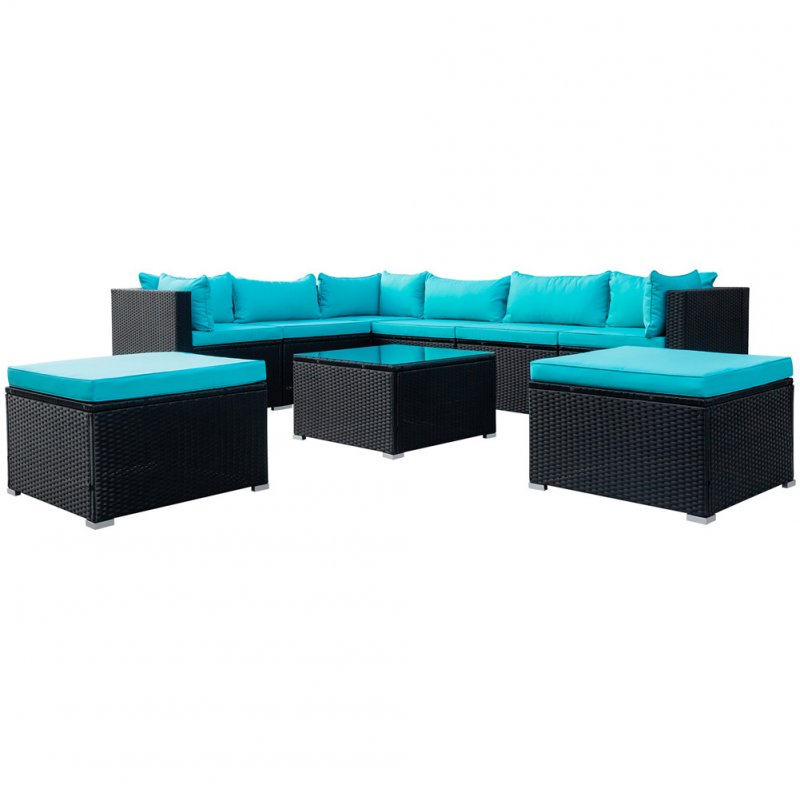 US 9pcs/set Courtyard Sofa  Set Outdoor Corner Sofa Armless Sofa Coffee Table Ottomans (Black wicker, blue cushion)
