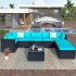  US Direct  9pcs set Courtyard Sofa  Set Outdoor Corner Sofa Armless Sofa Coffee Table Ottomans  Black wicker  blue cushion 