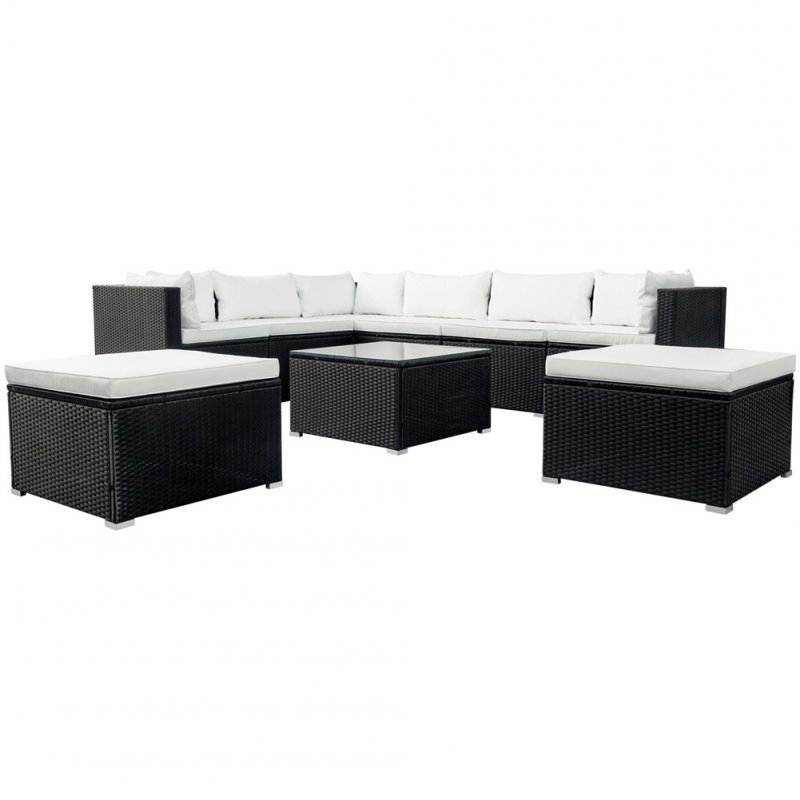US 9pcs/set Outdoor Courtyard Seats  Set Corner Sofa Armless Sofa Coffee Table Ottomans (Black wicker, beige cushion)