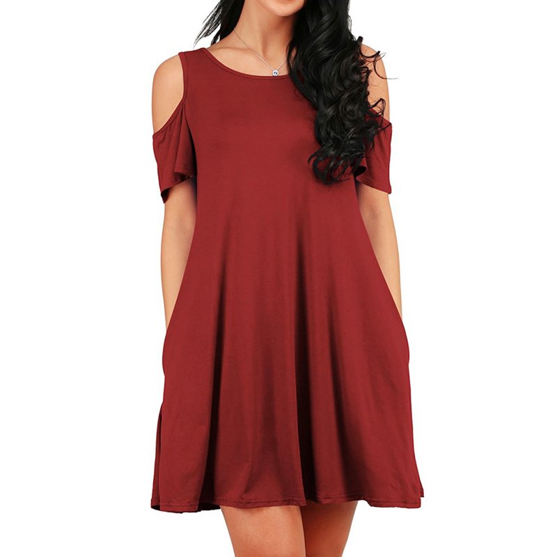 US AMZPLUS Women’s Casual Cut Out Cold Shoulder Tunic Dress with Hand Pockets Burgundy_3XL
