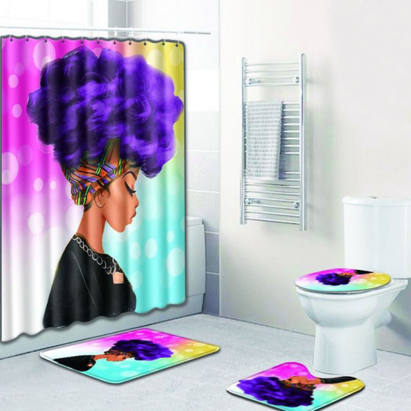 [US Direct] African Women Printing Toilet Pad Cover Bath Mat Shower Curtain Set Four-piece set