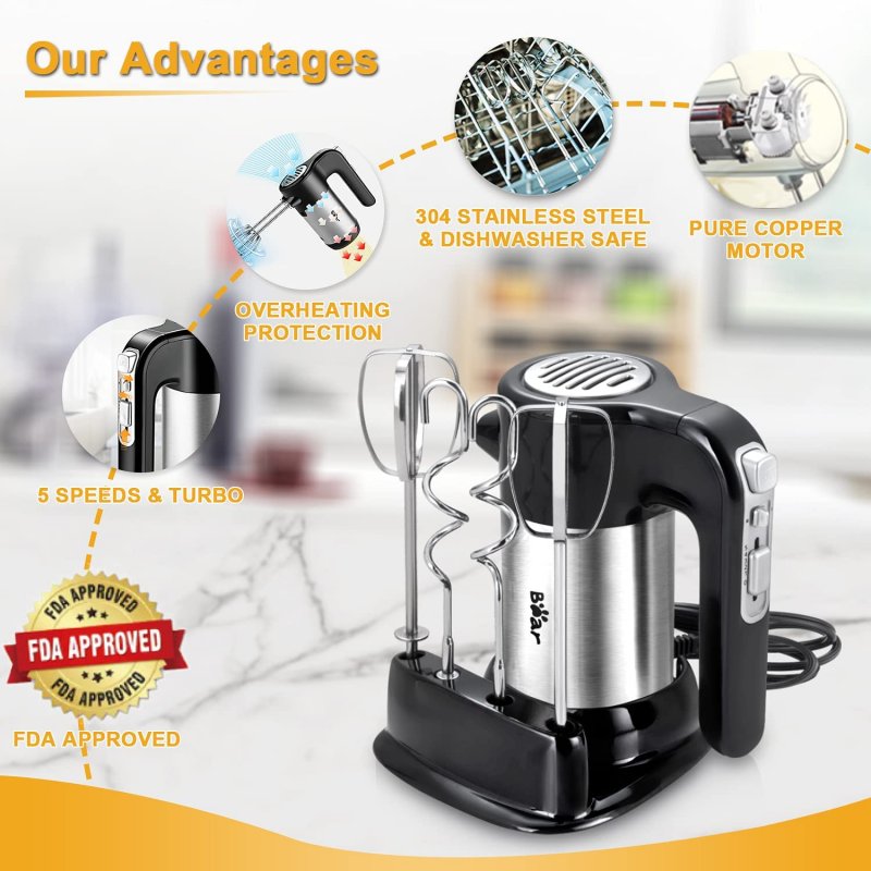 US Bear Hand Mixer Electric, 300W Power Handheld Mixer with Turbo Boost, Eject Button, 4 Stainless Steel Accessories Storage Base, 5-Speed Electric Hand Mixer for Easy Whipping Dough, Cream, Cake, Black
 24*17*20