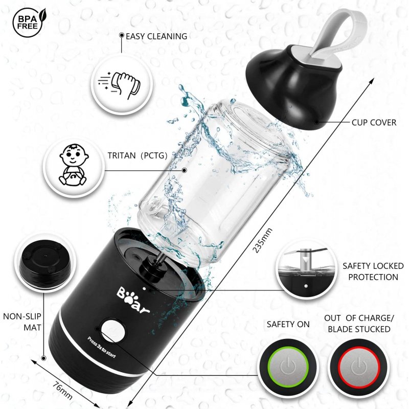 [US Direct] Bear Portable Blender with 11.84oz BPA Free Tritan Blender Bottles, USB Rechargeable Blenders for Shakes and Smoothies(Blue) 20*18*12