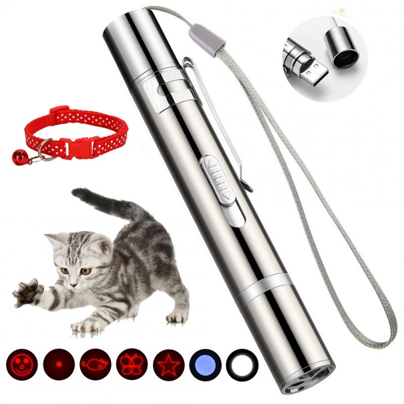 US Cat Toy Red Led Light Pointer Pet Toy Stainless Steel Usb Charging Interactive Indoor Toy For Cat Dog silver