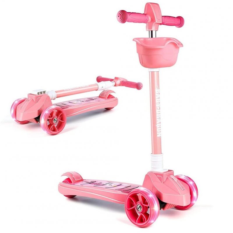 US Children  Scooter Safety 3-wheel Balance Bike Detachable Basket Automatically Light Wheels Soft Handle Adjustable Height Scooters Pink