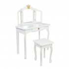 [US Direct] Children  Wooden  Dressing  Table 3-sided Foldable Mirror Dressing Table + Chair Single Drawer White Crown White