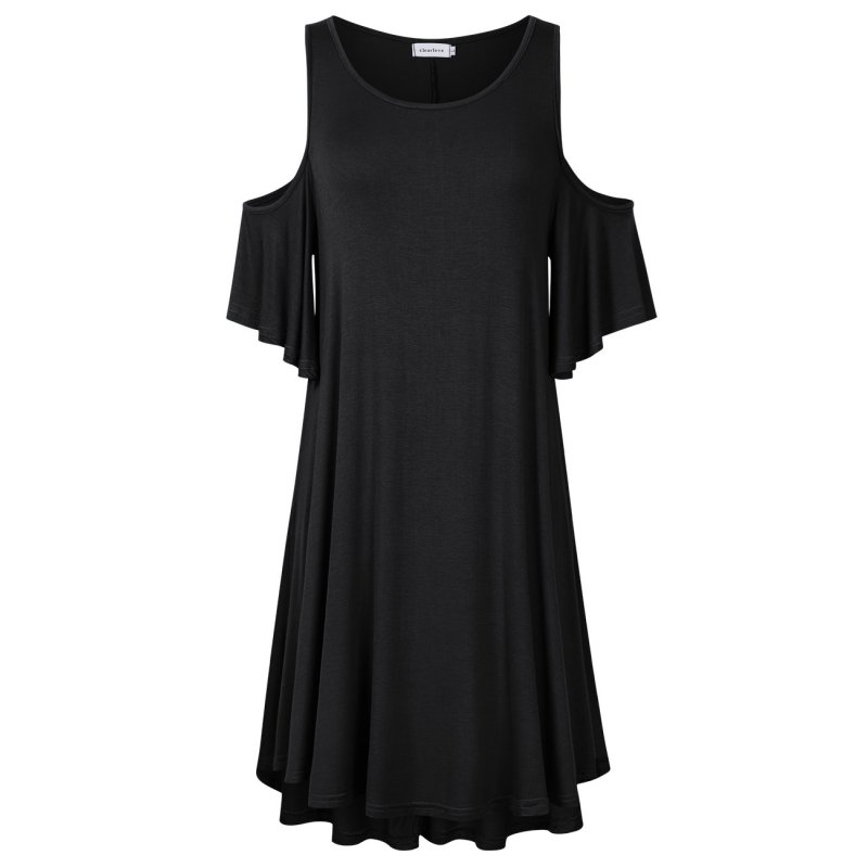 [US Direct] Clearlove Women's Stylish Summer Dress Solid Round Neck Cold Shoulder Loose Casual Blouse Dress