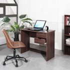 [US Direct] Computer Desk Writing Study Table with 2 Side Drawers Classic Home Office Laptop Desk Brown Wood Notebook Table
