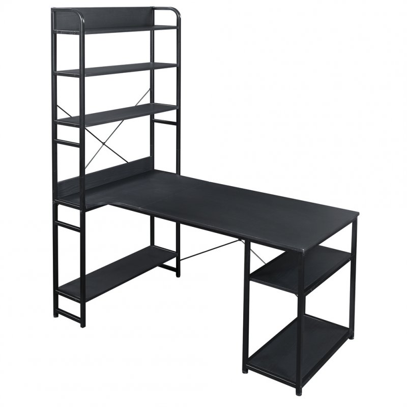 US Computer  Desk With 5 Layers Of Open Bookshelf Home Office Table With Plenty Storage Space Black