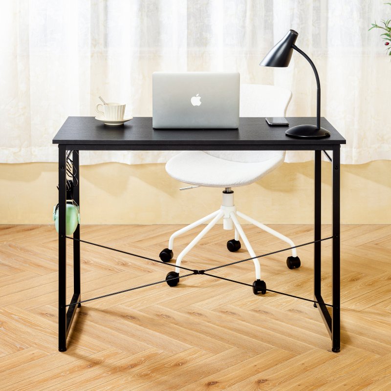[US Direct] Computer Desk Study Writing Desk 40’' for Home Office and School,  Industrial Simple Style Black  Metal Frame, Black