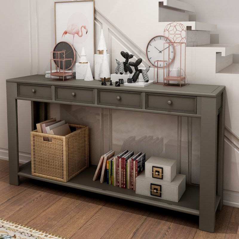 US Console Table For Entryway Hallway Sofa Table With Storage Drawers And Bottom Shelf khaki
