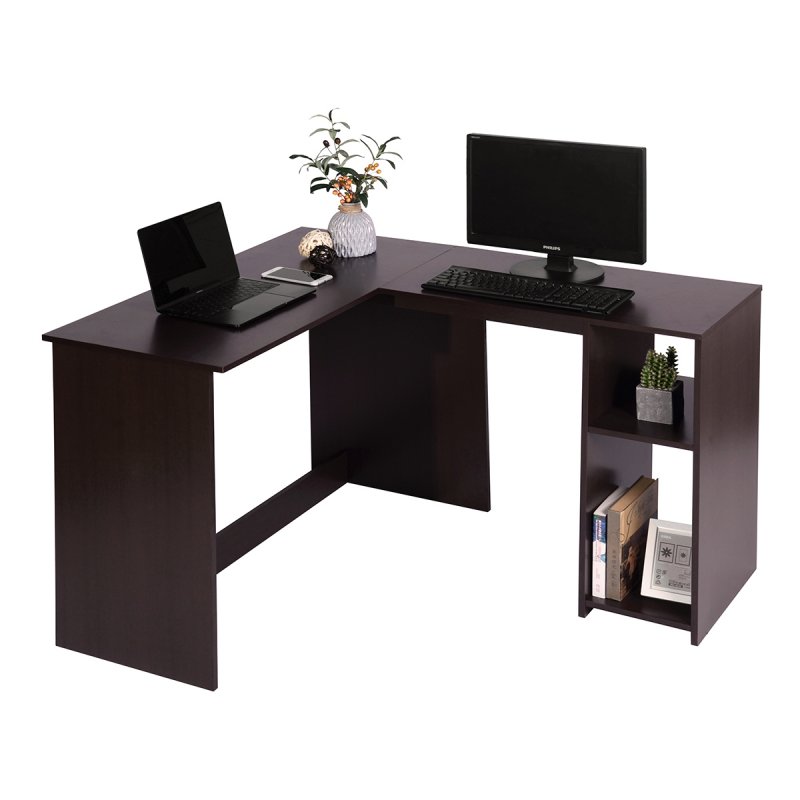 US Corner Computer Desk L-Shaped Home Office Workstation Writing Study Table with 2 Storage Shelves and Hutches