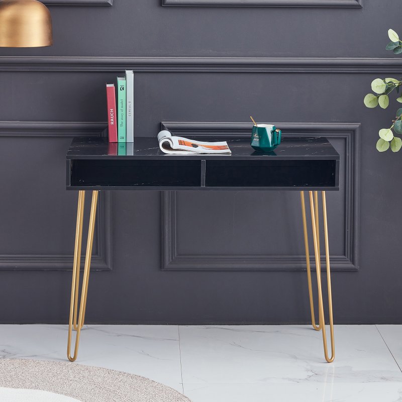 US D&N Beauty Table  consoles table side end table modern marble MDF top, sturdy glod metal legs for bedroom, living room, Dining room,  Kitchen，White, single,