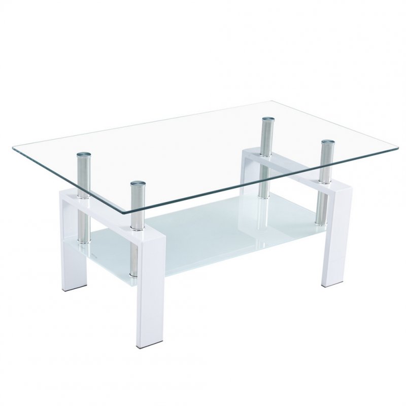 US Dining Table Double-layer Tempered Glass Coffee Table White