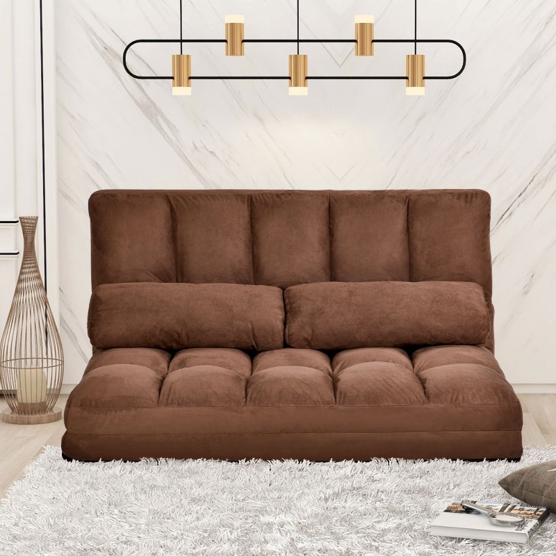 [US Direct] Double Chaise Lounge Sofa Floor Couch and Sofa with Two Pillows for Living Room(Brown)(old  SKU:PP036317DAA)