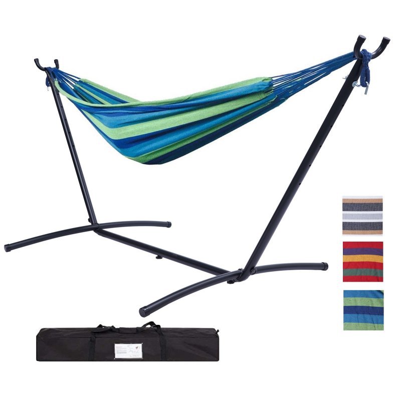 US Double Classic Hammock with Stand for 2 Person- Indoor or Outdoor Use-with Carrying Pouch-Powder-coated Steel Frame - Durable 450 Pound Capacity，Blue/Green Striped