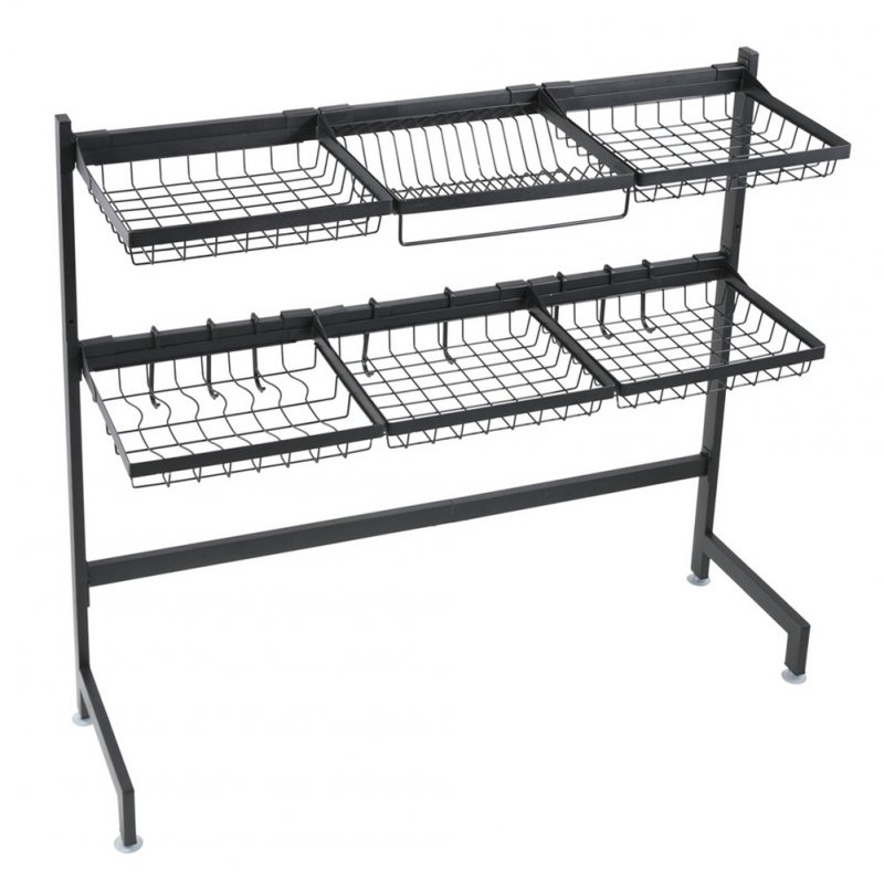 [US Direct] Double Layer Bowl  Rack Shelf Dish Drainer 92cm Inner Length Kitchen Organizer black