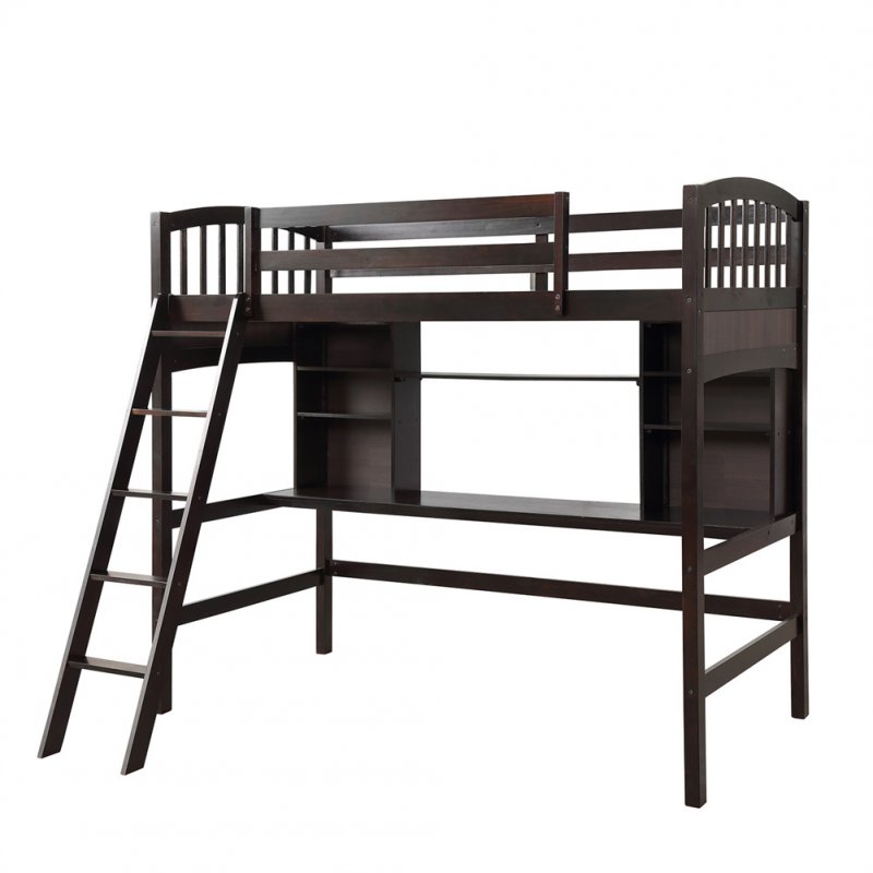 US Double Loft  Bed With Storage Shelf Desk Ladder Twin Size Bed Household Furniture Brown