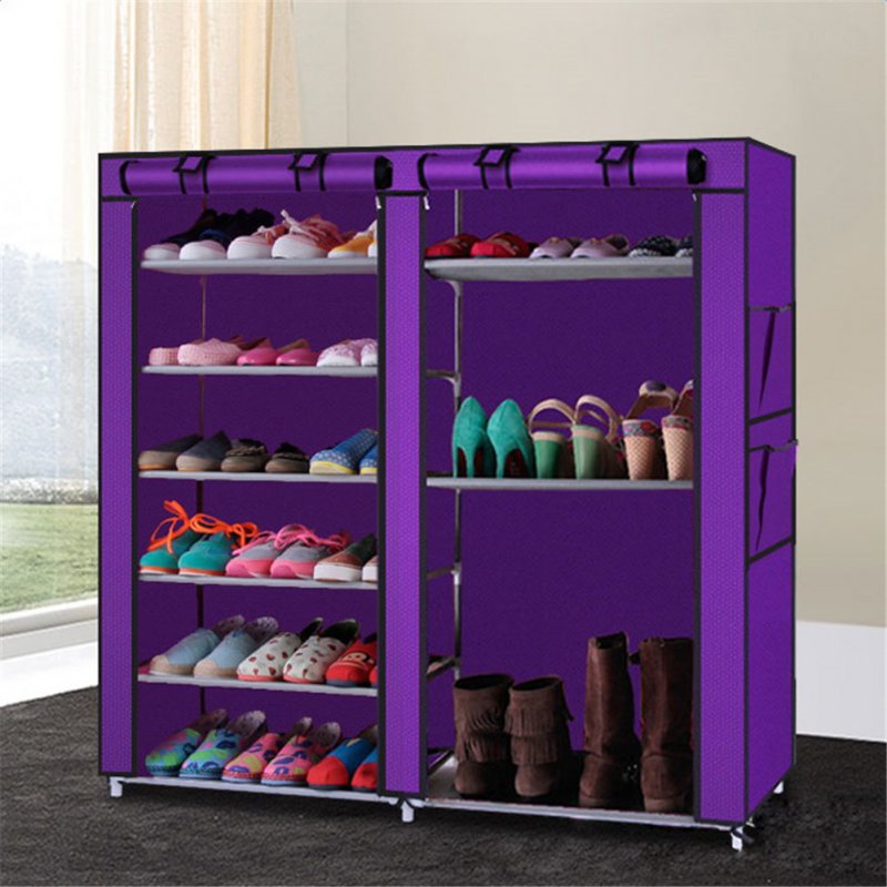 [US Direct] Double Row 9-compartment Non-woven Shoe  Cabinet Household Boots Storage Case purple