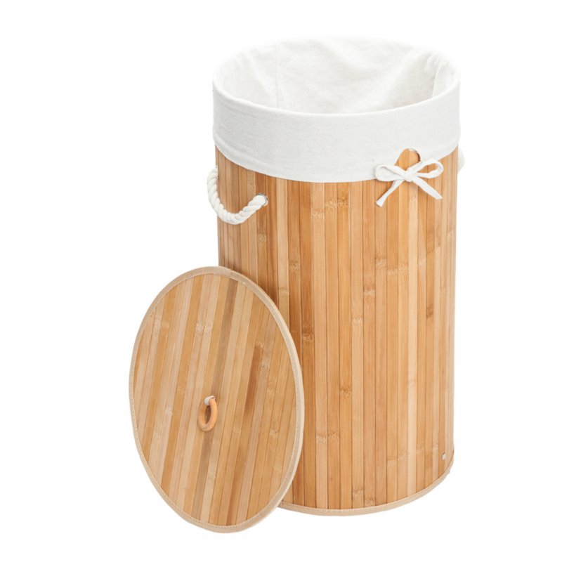 US Drum Type Folding Dirty Clothes  Basket Bamboo Clothes Hamper With Lid Ergonomic Handle Wood color