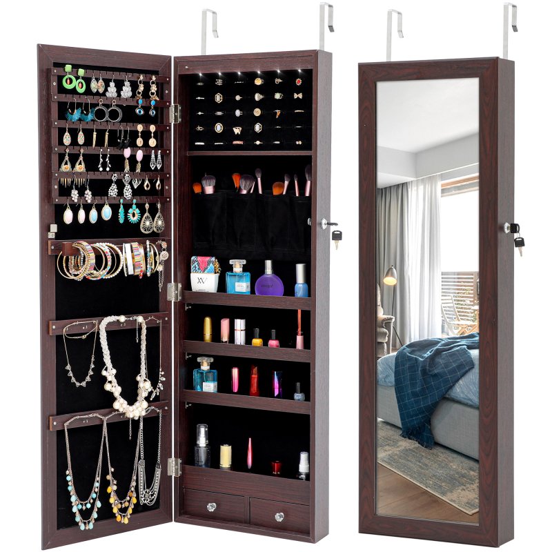 US Fashion Simple Jewelry Storage Mirror Cabinet With LED Lights Can Be Hung On The Door Or Wall