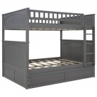 [US Direct] Full Over Full Bunk  Bed With Twin Size Trundle Bunk Bed With Guardrails For Kids And Teens grey