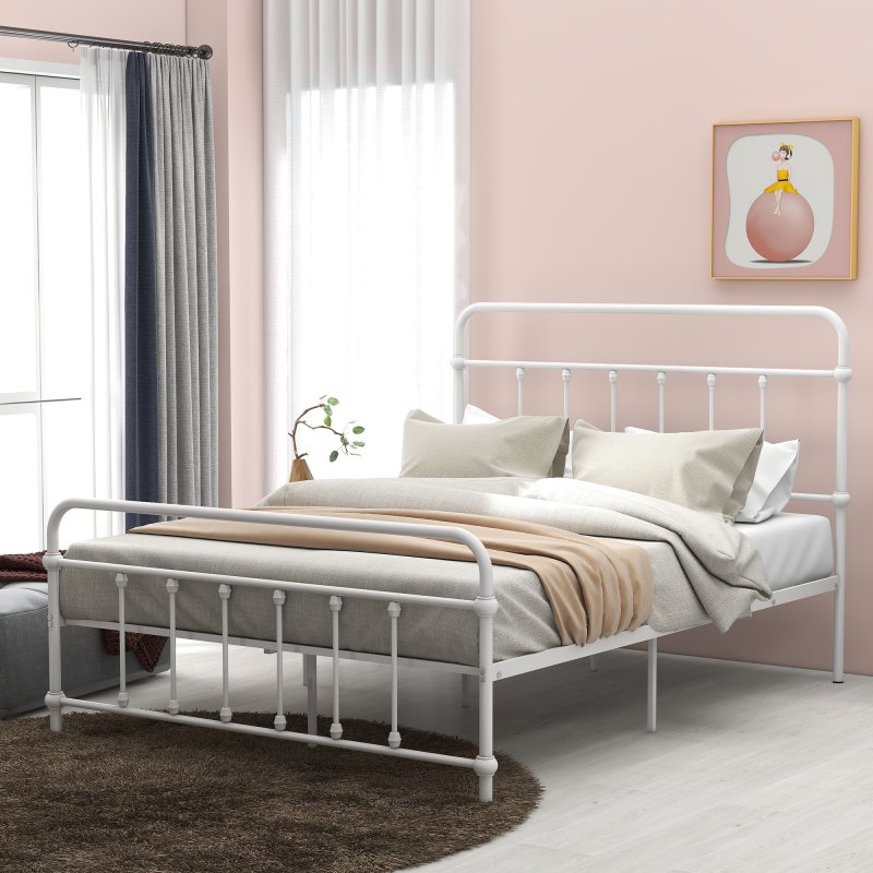 [US Direct] Full Size Metal Platform Bed with Headboard and Footboard, Iron Bed Frame for Bedroom, No Box Spring Needed ,Yellow