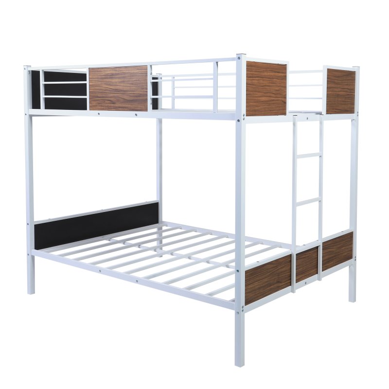 [US Direct] Full-over-full Bunk  Bed Modern Style Steel Frame Bunk Bed With Safety Rail+built-in Ladder For Bedroom Dorm white