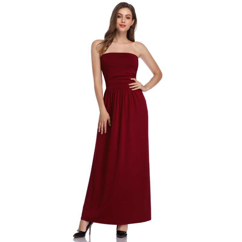 US GLORYSTAR Womens Strapless Ruched Casual Maxi Dress With Pocket
