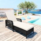 [US Direct] Go Outdoor Patio Pool Pe Rattan Wicker Chair Wicker Sun Lounger, Adjustable Backrest, Beige Cushion, Black Wiker (1 Set)