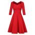  US Direct  HiQueen Women Retro Sweatheart Ruched V Neck Elbow Sleeve Vintage Print A line Swing Dress M