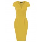 [US Direct] HiQueen Women Vintage V-neck Office Work Business Party Bodycon Pencil Dress Yellow_2XL