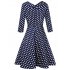  US Direct  HiQueen Women Retro Sweatheart Ruched V Neck Elbow Sleeve Vintage Print A line Swing Dress M