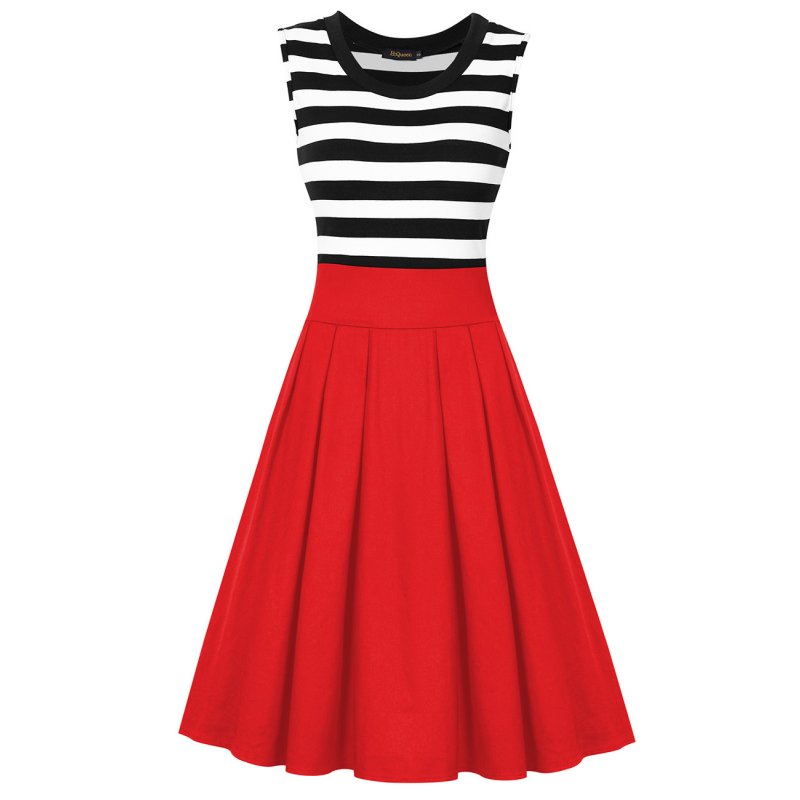 [US Direct] HiQueen Women's Scoop Collar Stripe Sleeve Elegant Business A-line Dress Red_2XL