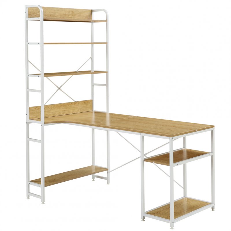 [US Direct] Home Office Computer  Desk Steel Frame And Mdf Board/5 Tier Open Bookshelf white