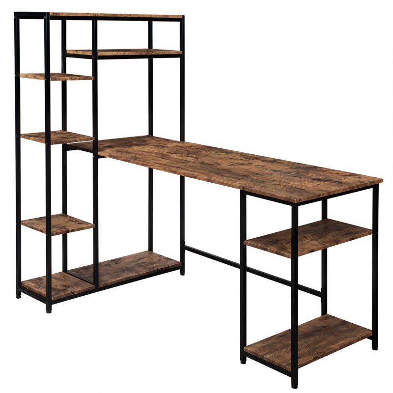 US Home Office  Computer  Desk With Multiple Storage Shelves Modern Large Office Desk With Bookshelf And Storage Space brown