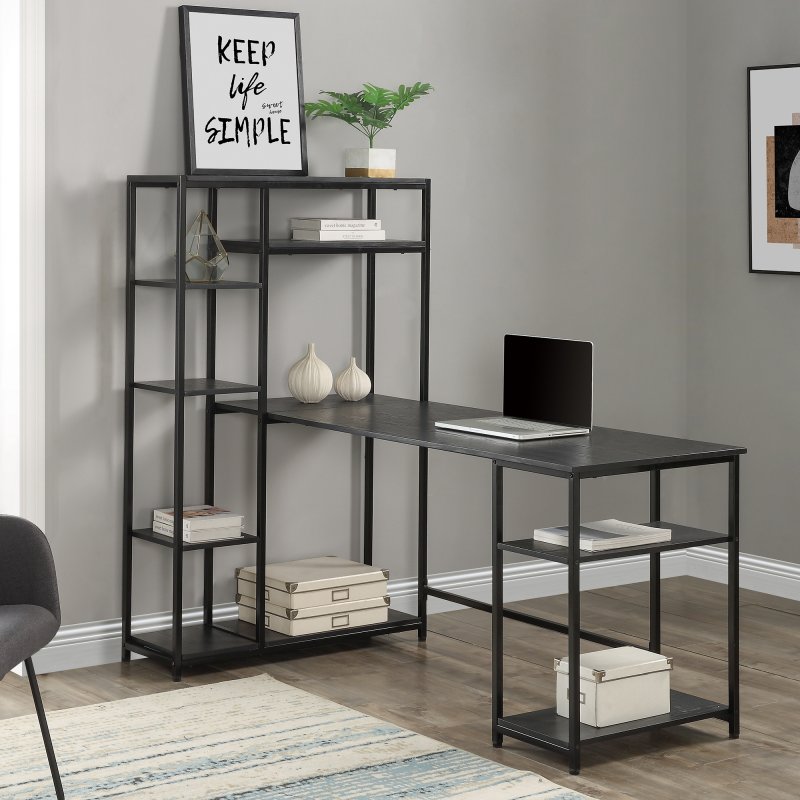 [US Direct] Home Office Computer Desk With Multiple Storage Shelves, Modern Large Office Desk With Bookshelf And Storage Space(Tiger)