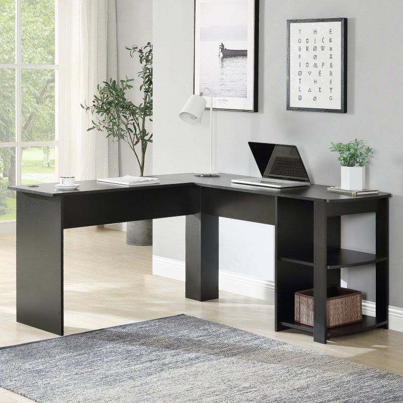 US Home office L-Shaped Corner Computer Desk/ Study Workstation Furniture with 2 Open Storage Bookshelves /NO tool assemble required(Black)