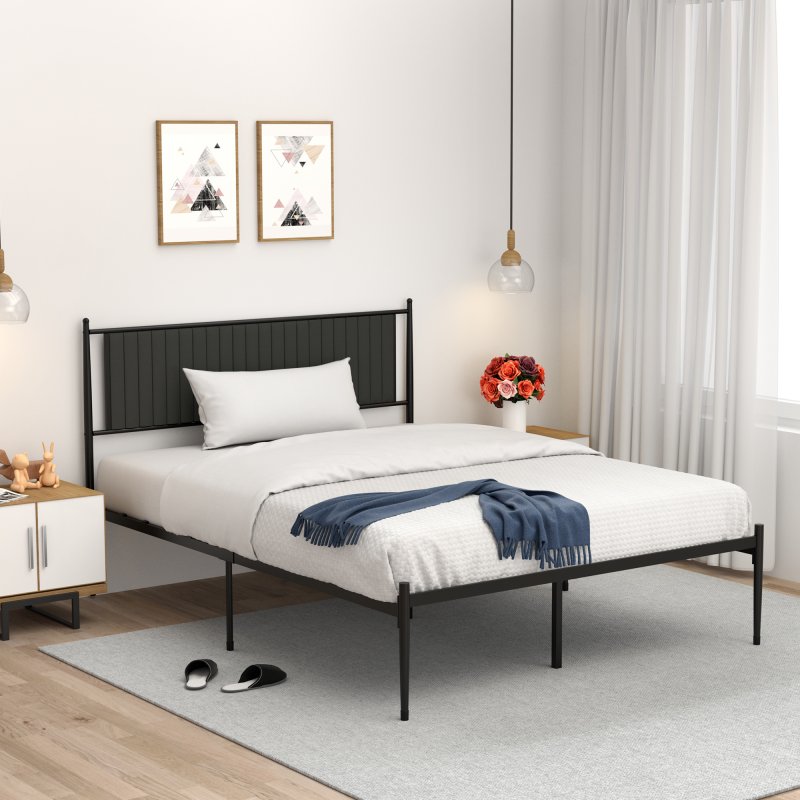 [US Direct] IDEALHOUSE Queen Size Metal Platform Bed Frame with Upholstered Headboard