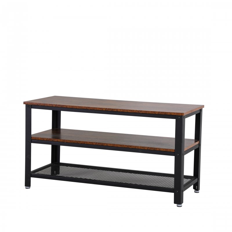 US Industrial TV Table with Storage Shelf for Living Room, Wood Look Accent Furniture with Metal Frame, Easy Assembly, Rustic Brown.