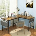[US Direct] L Shaped Computer Desk with Storage Bag and Headphone Hook, Modern Space Saving Home Office Writing Corner Desk, Student Writing Desk, Metal Workstation for Home, Office, Study Room, Bedroom, Small Sp