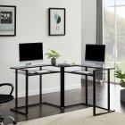 [US Direct] L-Shaped Glass Desk, 56’’ Home Office Computer Desk With Shelf, Round Corner Glass Workstation Desk, Black